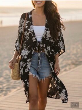 Spiritual Gangster Black Floral Rayon Kimono Cardigan Wrap One Size Boho